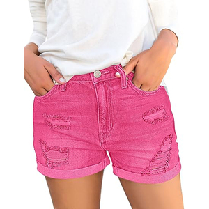 Shorts en jean à revers retroussés avec détails effet vieilli, délavage vintage, coupe décontractée, jambe large, shorts en jean déchirés - Product Image 1