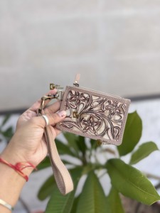 Unique Designer Genuine Leather ATM Card Holder Stylish <b>Clutch</b> Coin Purse Hand Tooled Leather Vintage Style Women's Purse - Product Image 2