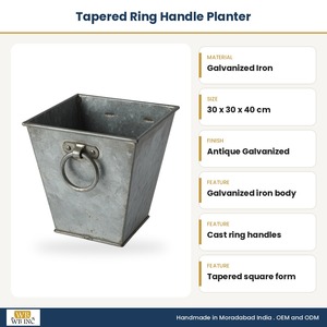 Jardinière carrée conique en fer galvanisé avec poignées annulaires, pot à fleurs en métal, décoration de jardin de style farmhouse, pot pour plantes d'intérieur et d'extérieur - Product Image 2