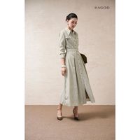 Robe midi décontractée à col chemise, coupe trapèze, tissée, d'été, avec ceinture et ourlet droit, pour le quotidien [V9066]