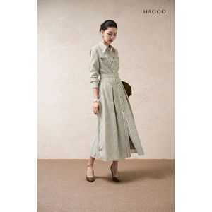 Vestido midi informal con cuello camisero, vestido de verano tejido con cinturón y dobladillo recto para uso diario [V9066] - Product Image 1