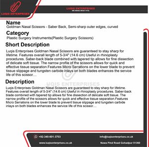 Goldman Nasal Scissors Saber Back Semi-sharp Outer <b>Edges</b> Curved Surgical Instrument Stainless Steel Precision ENT <b>Tool</b> - Product Image 5