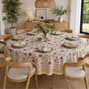 Floral Canvas Cotton Hand block printed 6 seater <b>Round</b> <b>Table</b> <b>Cloth</b> Eco-friendly handcrafted in India Premium <b>table</b> cover - Product Image 5
