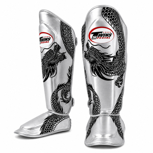 Top Selling Kickboxing Muay Thai Twins Shin Guard Pad Sliver Metallic Leather Black <b>Dragon</b> Printed Training Tibia Protection Pad - Product Image 1