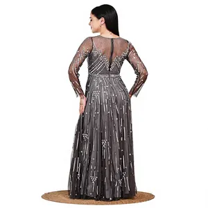 Luxury Charcoal Grey Evening Gown Wholesale Hand Embroidered Mirror Work Tulle Maxi <b>Dress</b> Heavy Work Flared Wedding Party Wear - Product Image 2