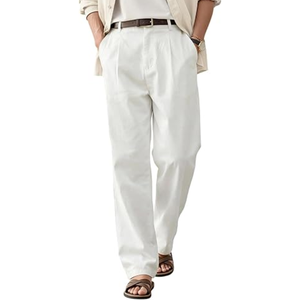 Pantalon d'été décontracté pour homme en lin tissé léger, taille mi-haute, uni, à braguette boutonnée, coupe ample, plissé, pour la plage et les sorties BD - Product Image 1