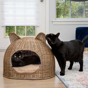 Niche pour chat en rotin en forme de dôme, avec oreilles d'ours mignonnes, panier-lit en osier pour chat, nid de sommeil fermé pour chien d'intérieur avec coussin moelleux - Product Image 5
