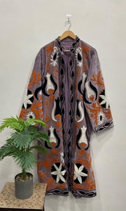 Veste longue en velours brodé lavande pour femmes avec motif floral, col montant bohème, manches longues, vêtements d'extérieur d'hiver - Product Image 2