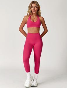 Conjunto de Yoga sin Costuras de 2 Piezas, Top Corto de Cintura Alta y Leggings Largos, Color Sólido, Espalda Cruzada, Ropa Deportiva para Mujer - Product Image 3