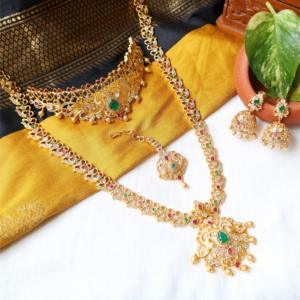 24K Gold Plated Wedding Jewelry Sets with Zircon and Pearl Necklace and Earrings for Women - Product Image 1
