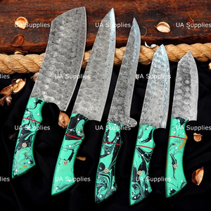 Ensemble de couteaux de cuisine professionnels en acier Damas, 5 pièces, faits à la main, pour chef, ambidextres, finition haute brillance, manches en résine, logo personnalisé, OEM - Product Image 3