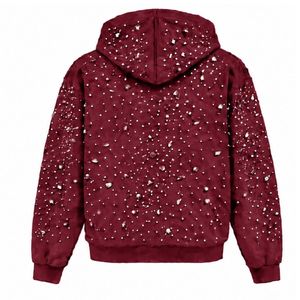 Sweat-shirt à capuche zippé bordeaux orné de perles, veste streetwear à manches longues avec poches avant - Product Image 2