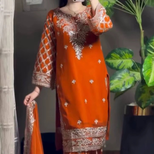 Salwar Kameez brodé orange avec dupatta pour femmes |   Ensemble de vêtements pakistanais pour mariage et fêtes, orné de Zari et de sequins - Product Image 1