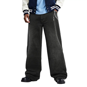 Jean en denim streetwear à jambe large, taille haute, coupe ample, en coton, pour homme, couleur unie, style automne - Product Image 1