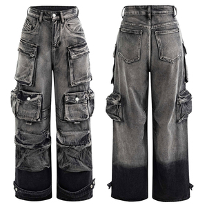 Jean cargo taille haute pour homme en denim coupe ample délavé style urbain automne - Product Image 4