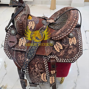 Silla de montar occidental de cuero genuino con adornos de plumas de alta calidad, cómoda para el jinete y el caballo, duradera y ecológica. - Product Image 1