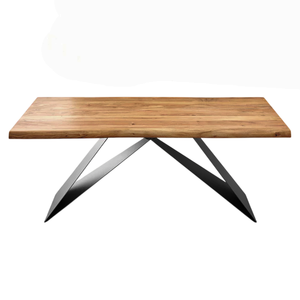 โต๊ะรับประทานอาหารทรงไม่สมมาตร หน้าโต๊ะไม้เนื้อแข็งอะคาเซียขอบธรรมชาติ ขาเหล็กแผ่นสไตล์อินดัสเทรียล ดีไซน์ทันสมัย เหมาะสำหรับบ้าน ร้านอาหาร ห้องครัว - Product Image 2