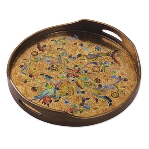 Plateau décoratif ovale en bois avec motif floral et oiseaux, design bohème, artisanat en bois fait main avec poignée, pour la décoration de la maison - Product Image 5