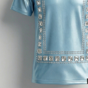 เสื้อยืดสตรีทแวร์ผู้ชายผ้าฝ้าย 100% ประดับคริสตัลหรูหรา ไซส์ใหญ่ สีเงินเมทัลลิก - Product Image 2