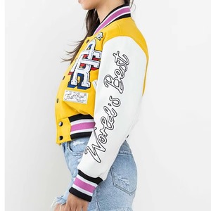 Chaqueta Varsity Bordada para Mujer, Chaqueta con Mangas de Parches Tejidos y Letras, Chaqueta Acolchada de Poliéster Resistente al Viento para Otoño - Product Image 1