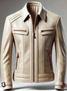 Chaqueta bomber de cuero vacuno beige para hombre, cuello vuelto, cierre de cremallera, corte ajustado, manga regular, para otoño. - Product Image 4