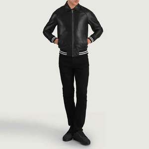 <b>Mens</b> Black PU <b>Leather</b> Bomber Varsity Collar Zipper Closure Regular Fit Autumn Wear Moto Style - Product Image 6