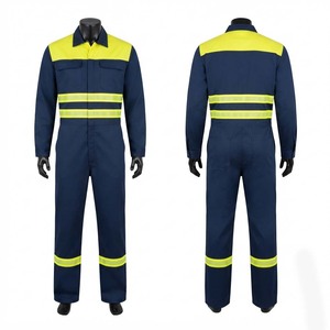 Combinaison de travail haut de gamme en sergé polycoton 240 GSM, bleu marine, avec panneaux réfléchissants jaunes, broderie de logo personnalisée, uniforme utilitaire durable, certifiée CE - Product Image 1