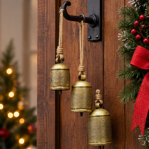 Juego de campanas navideñas de Metal de latón AK de 3 acabados rústicos con campanas colgantes de cuerda Premium para decoración navideña/Decoración de pared - Product Image 4