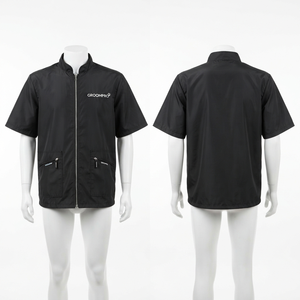 เสื้อแจ็คเก็ตช่างตัดผมแบบยูนิเซ็กซ์ ผ้าโพลีเอสเตอร์พรีเมียม 180 GSM สีดำ แขนสั้น ระบายอากาศได้ดี ชุดยูนิฟอร์มร้านเสริมสวย ปักลายนูน ปักโลโก้ตามสั่ง - Product Image 6