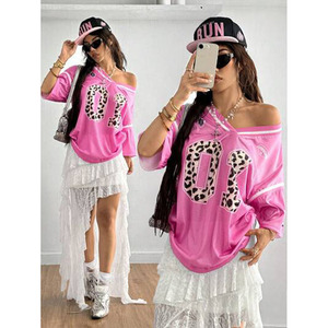 Pink Mesh Street Fashion American Football Jersey Women Loose Fit V Neck Leopard Number Graphic Breathable Polyester <b>Top</b> OEM - Product Image 1