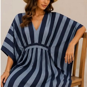 Robes Kimono Décontractées Longues à Rayures Col V pour Femmes, Douces, Respirantes, Tissées, Tenue d'Intérieur d'Automne, Taille Élastique Trois Quarts - Product Image 4