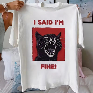 T-shirt Oversize Femme Personnalisé Écologique à Imprimé Chat, Style Décontracté Streetwear avec Citation, Coupe Ample en Coton, Tendance Estivale - Product Image 1