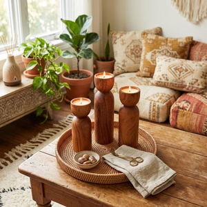 Acacia Wood <b>Candle</b> Holder Set of 3: Rustic Pillar <b>Candle</b> Stands By B H Brothers - Product Image 1