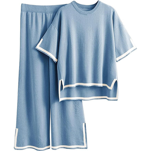 Ensemble pull et pantalon en tricot bleu clair pour femme, décontracté, manches régulières, col rond, respirant, 100% coton, hiver - Product Image 1
