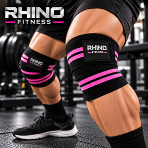 Attelles de genou réglables et respirantes RHINO FITNESS, noir et rose, en nylon avec fermeture auto-agrippante, unisexe, soutien des jambes, soutien contre les gonflements - Product Image 1