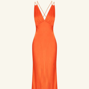 Women's Elegant Sheath Satin Silk Maxi Gown Delicate <b>Spaghetti</b> Straps V-neck Backless Design Criss-cross Decoration Breathable - Product Image 6