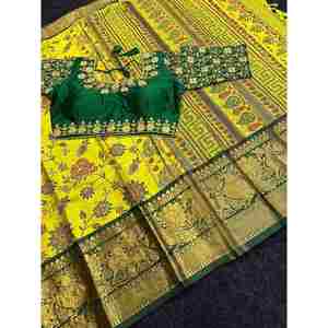 SAREE DE TRAVAIL ATTRACTIF EN COTON IMPRIMÉ AVEC BLOUSE PRÊT À FAIRE JAUNE - Product Image 1