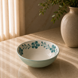 Bol de service en céramique artisanale avec motif floral aquatique, finition émail lisse pour un style de repas raffiné au quotidien - Product Image 5
