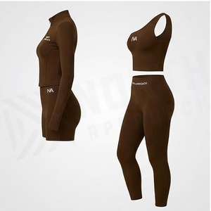 Ensemble de yoga 2 pièces North Approach : Haut à manches longues entièrement zippé, Crop top asymétrique, Short taille haute, Legging, Marron uni, Respirant - Product Image 3
