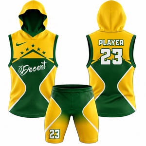 Ensemble de maillot de basket sans manches à capuche pour homme, vert et jaune, imprimé géométrique, sublimation, vêtements de sport respirants - Product Image 2