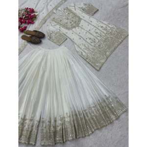 Conjunto de Top, Pantalones Palazzo y Dupatta de Chifón para Fiesta, con Bordado, Elegante y Estilizado - Product Image 1