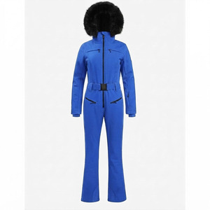 Combinaison de ski unisexe bleu roi à capuche en fourrure, imperméable, coupe-vent, légère, avec fermeture éclair, pour sports d'hiver et snowboard, avec ceinture - Product Image 1