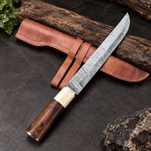 HaHand Forged Damascus Steel Seax Knife Rosewood and Bone Handle Fixed Blade Hunting Knife with Leather Sheath Outdoor Camping - Product Image 6