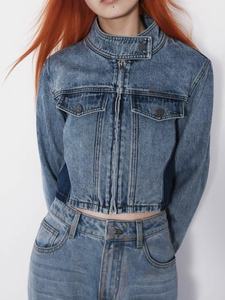 Chaqueta vaquera corta unisex OEM ODM, azul, con logo, cuello alto, botones, estilo locomotora, para hombre y mujer, venta al por mayor - Product Image 2