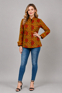 Veste matelassée 100 % coton pour femme, imprimé floral moutarde, épaisse, pour l'automne et l'hiver, faite à la main en Inde, décontractée, boutonnée, réversible - Product Image 5
