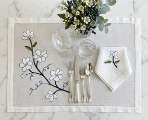 Custom Embroidered White Magnolia <b>Placemats</b> & Napkins Sets Washable Hemstitch 100% White Cotton Mats Weddings Home Events - Product Image 3