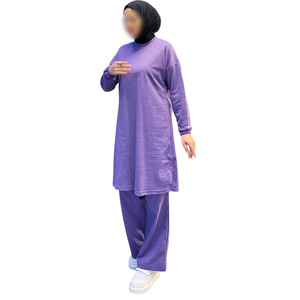 Lavender <b>Modest</b> Knit Tracksuit Women Plain Longline Sweatshirt and Trousers <b>Set</b> Soft Cotton Islamic Activewear - Product Image 1