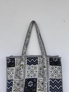 Custom Lightweight Durable Quilted Cotton Black Floral <b>Tote</b> Bag <b>Zip</b> Closure Top Long Handles Women's Shopping Bag 17x14 Inches - Product Image 2