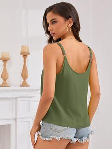 Camiseta sin mangas con botones para mujer, cuello en U, tirantes finos, blusa fluida de verano - Product Image 3