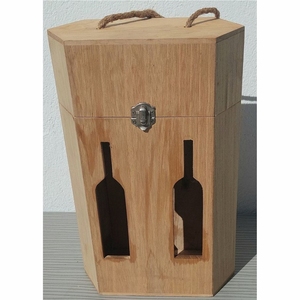 Caja de Vino de Madera Hexagonal Ecológica para Dos Botellas, con Asa de Cuerda y Ventana, Caja de Regalo para Vino con Logotipo Personalizado - Product Image 1